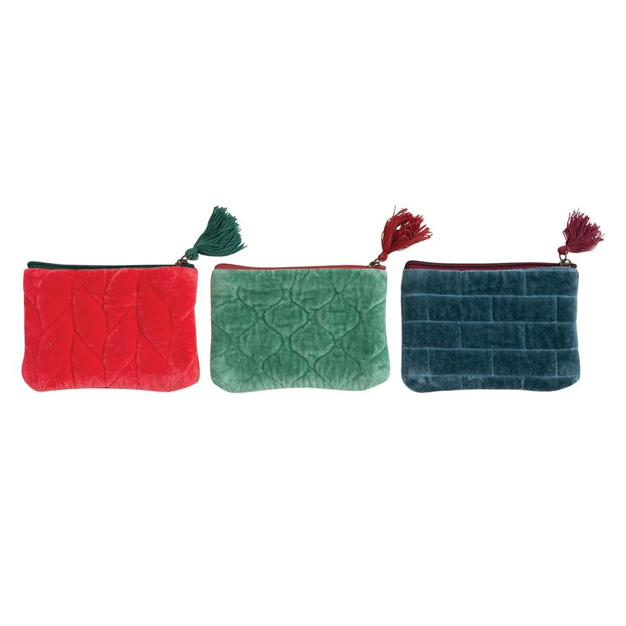 Quilted Cotton Velvet Zip Pouch with Tassel - Box Turtle