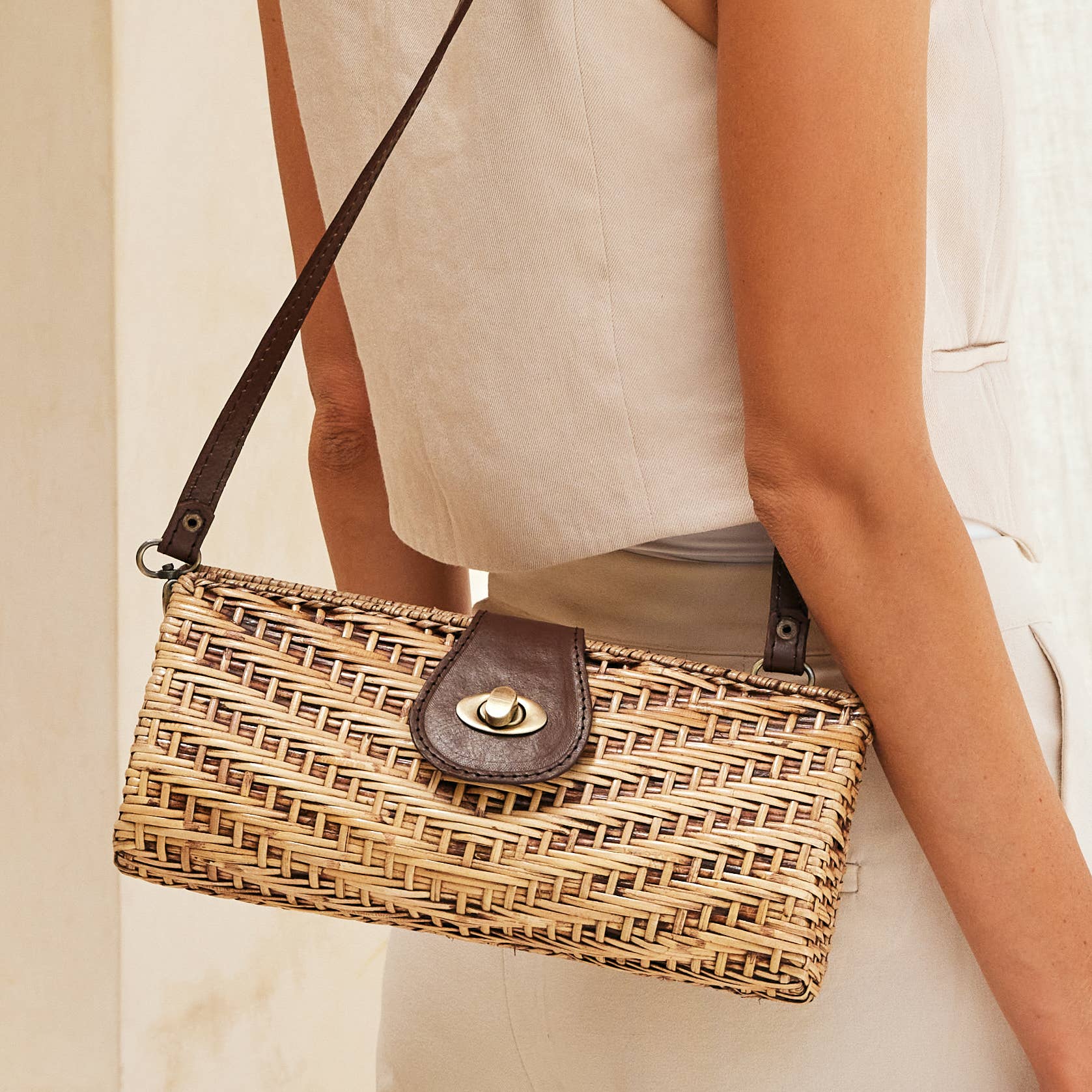 Rattan Clutch with Removable Leather Strap - Box Turtle