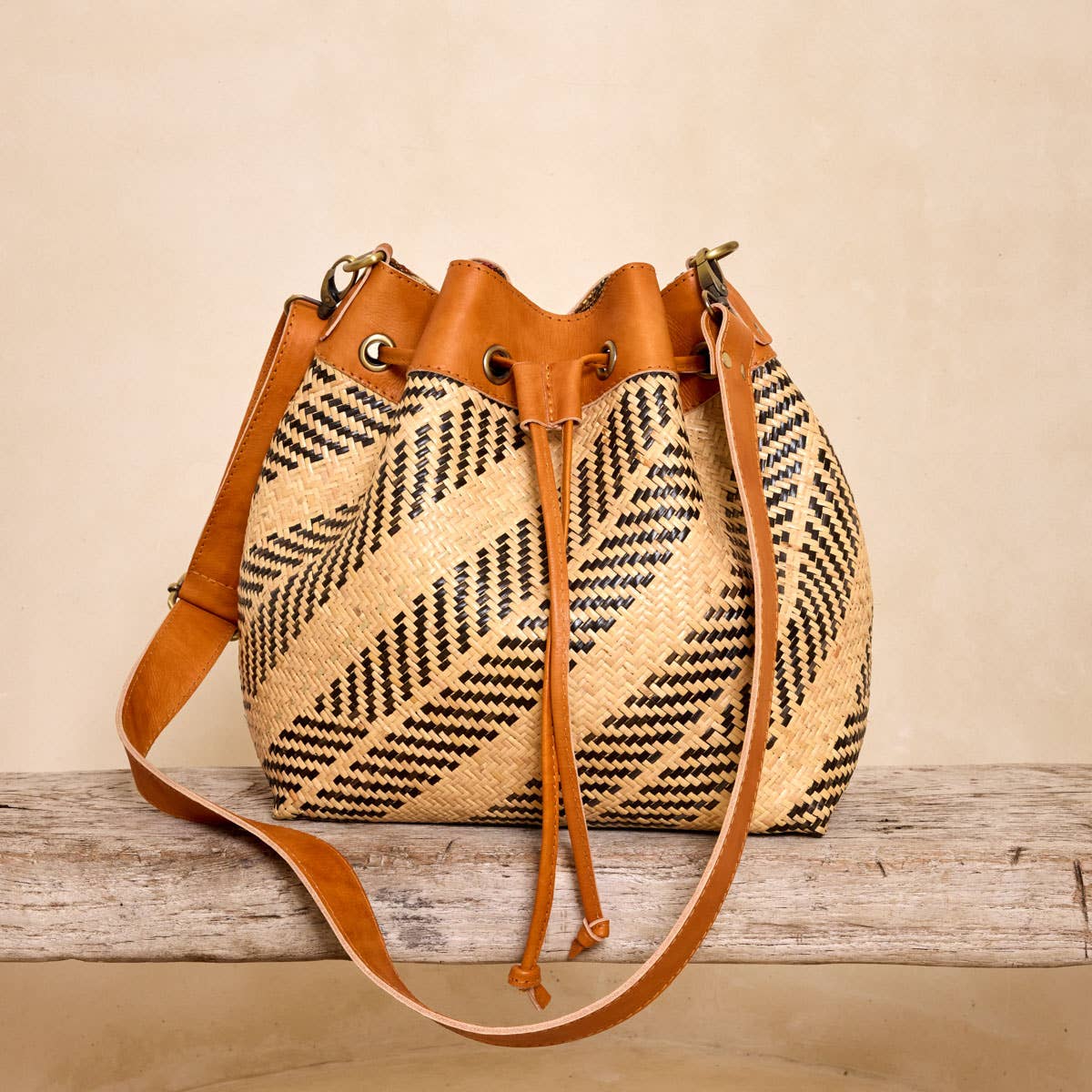 Rattan Sling Bag - Brown Diagonal Stripe Pattern - Box Turtle