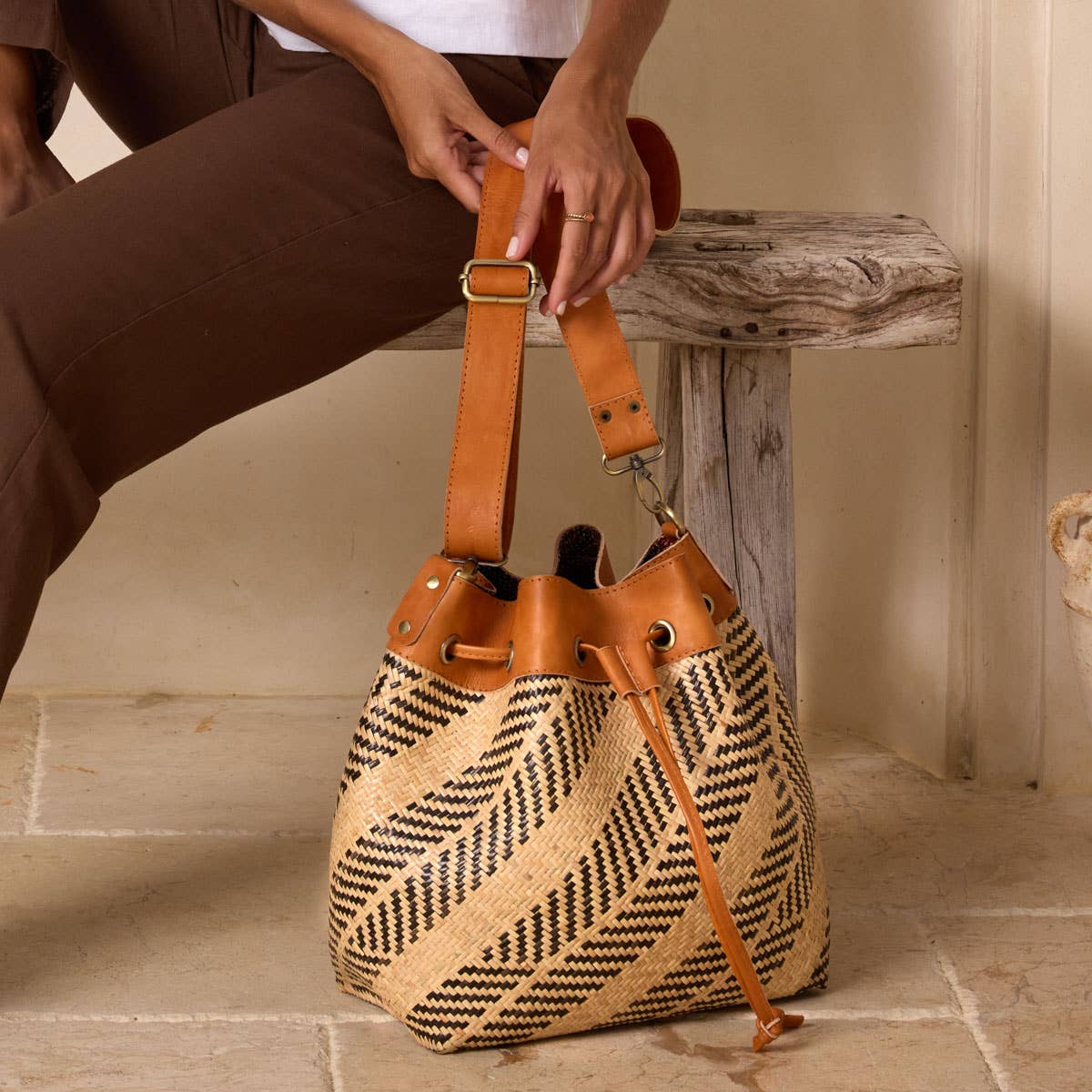 Rattan Sling Bag - Brown Diagonal Stripe Pattern - Box Turtle