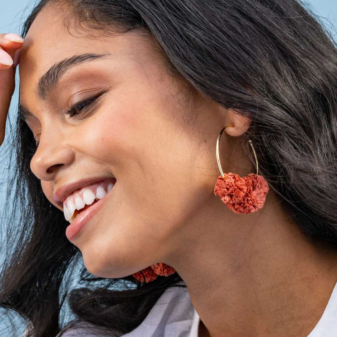 Red Rita Raffia Poms Hoop Earrings - Box Turtle
