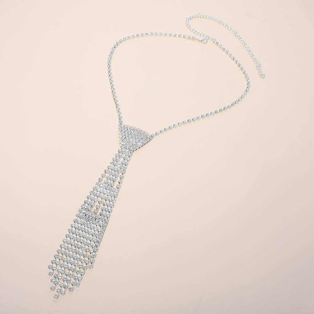 Rhinestone Studded Fringe Neck Tie Necklace - Box Turtle