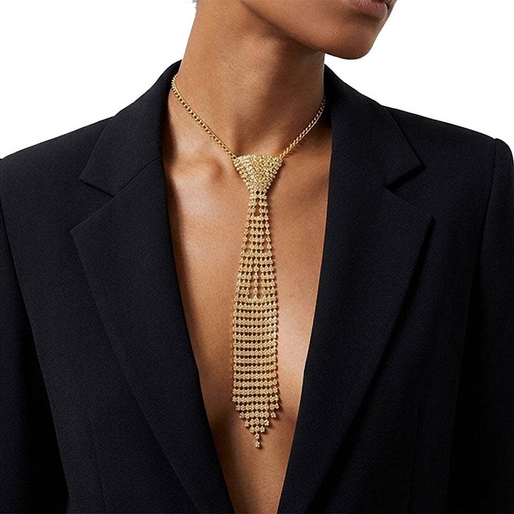 Rhinestone Studded Fringe Neck Tie Necklace - Box Turtle