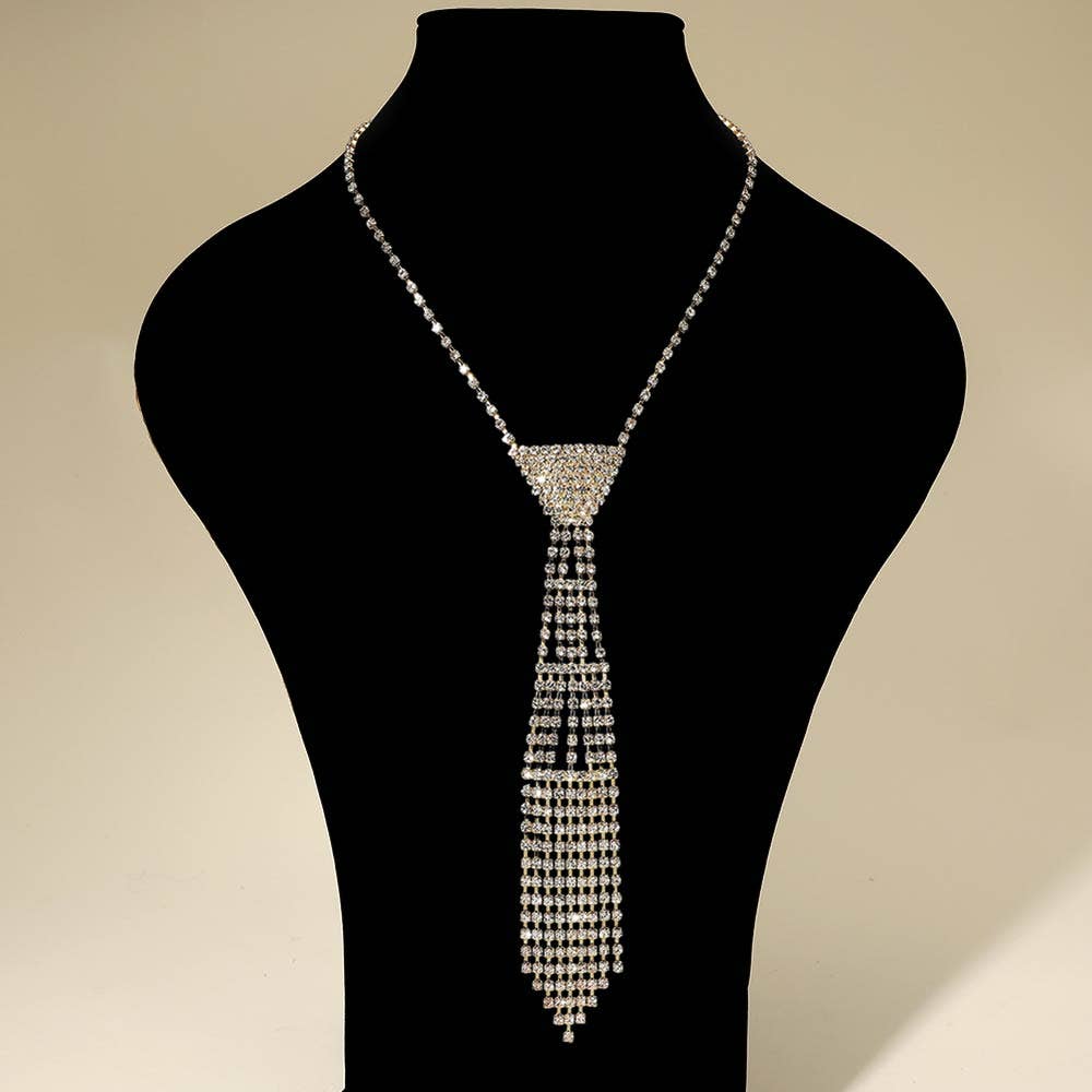 Rhinestone Studded Fringe Neck Tie Necklace - Box Turtle
