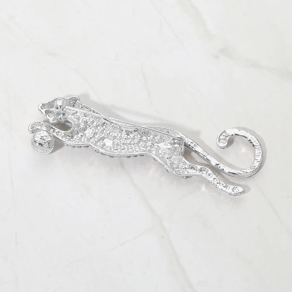 Rhodium Crystal Leopard Pin Brooch - Box Turtle