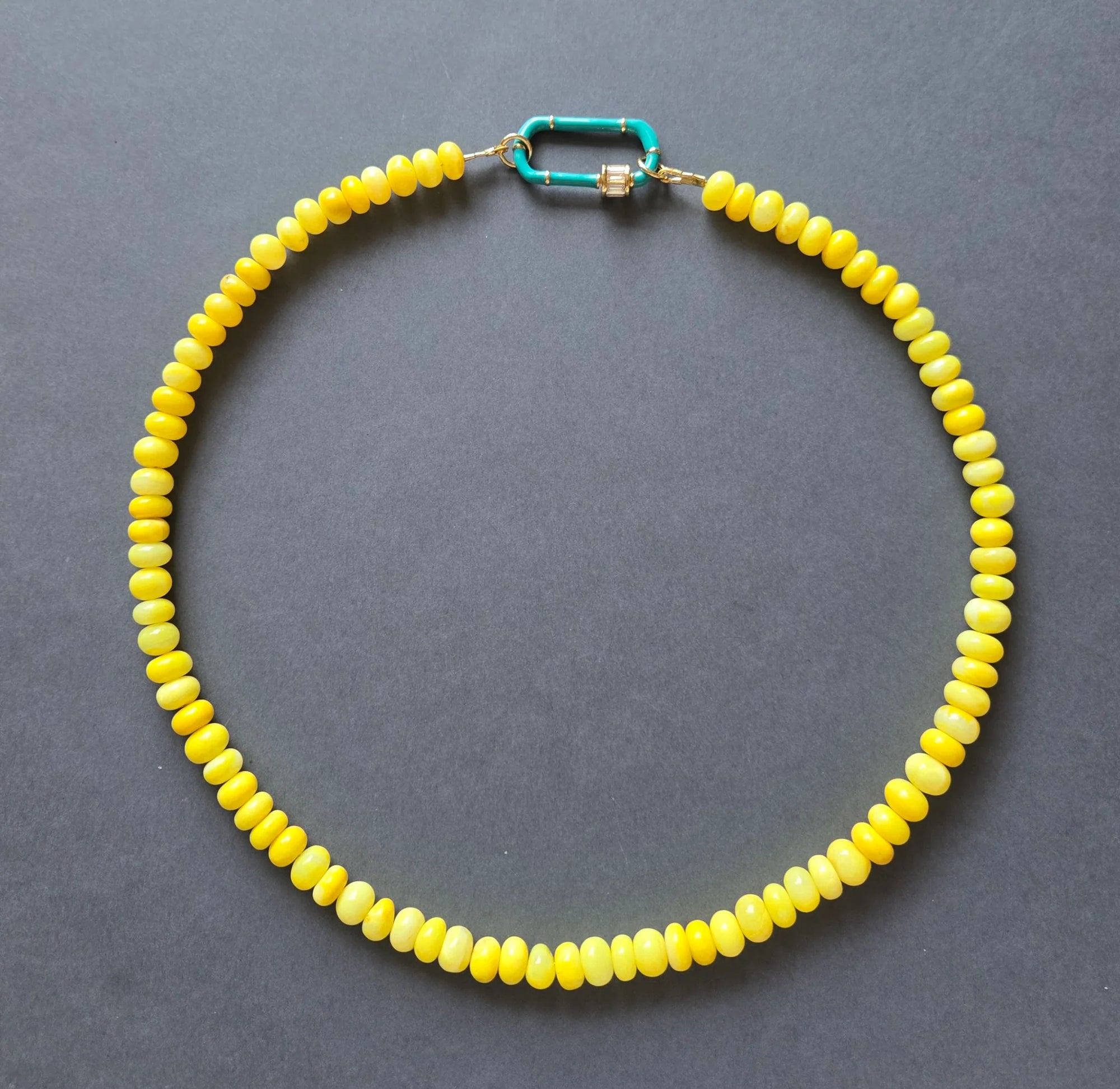 Opal yellow beads with blue carabiner necklace