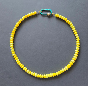 Opal yellow beads with blue carabiner necklace