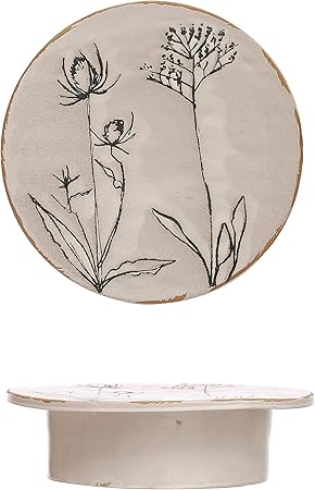 Round Stoneware Pedestal with Flowers - Box Turtle
