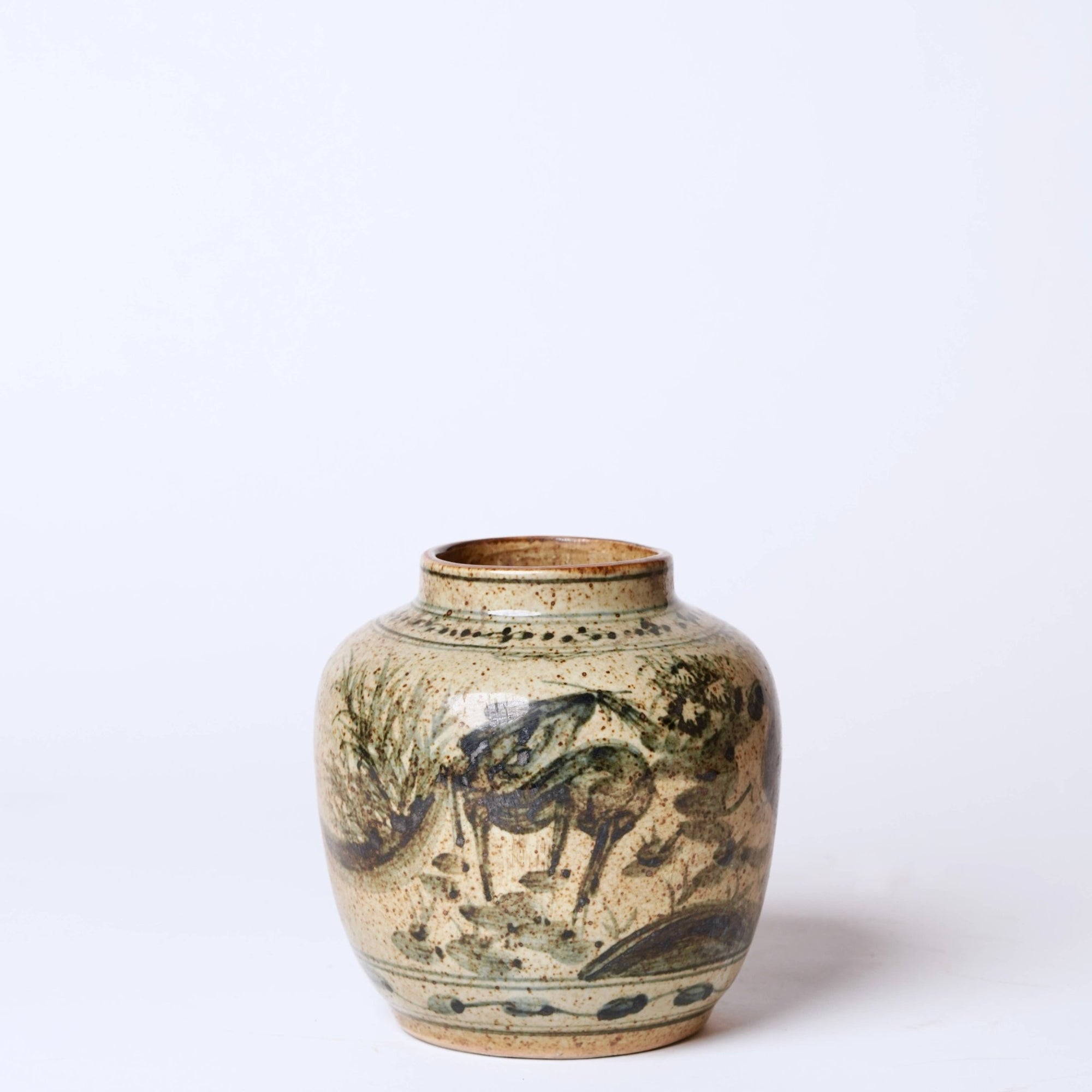 Rustic Porcelain Crane & Deer Small Round Vase - Box Turtle