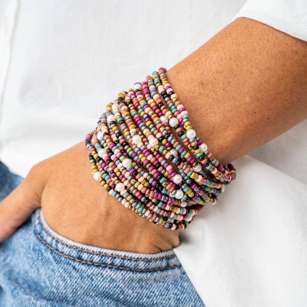 Sage Color Block Beaded Stretch Bracelet - Box Turtle