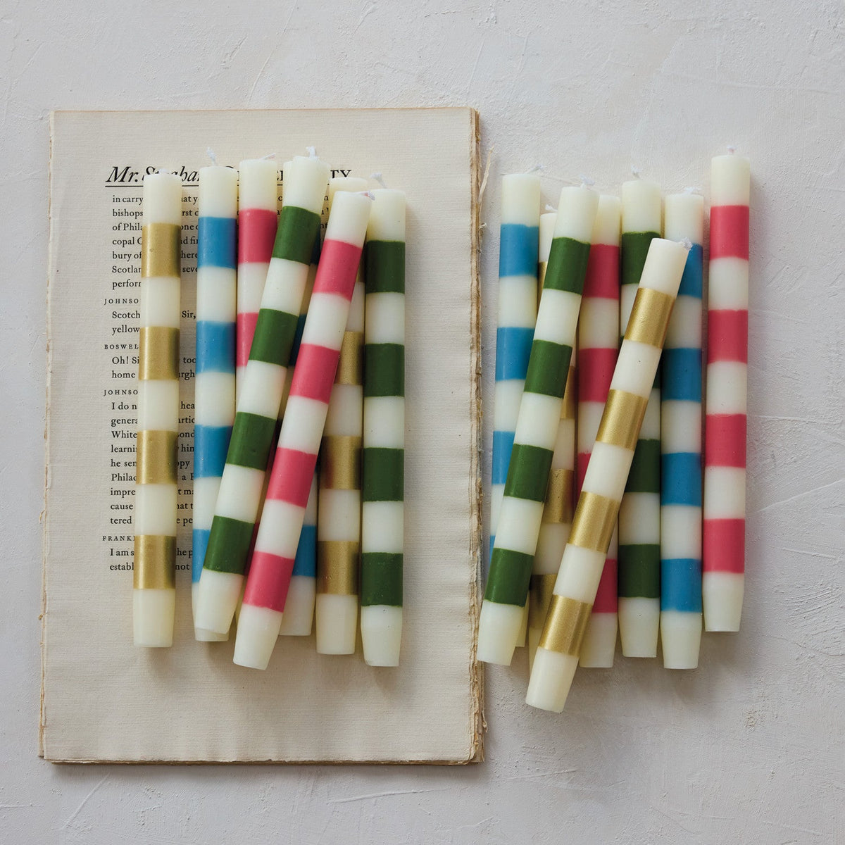 Set of 2 Green Striped Taper Candles - Box Turtle