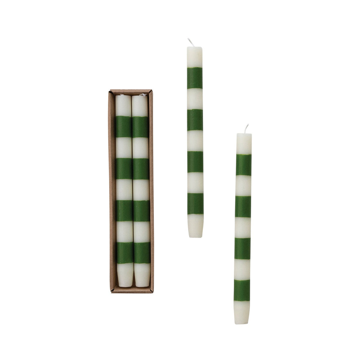 Set of 2 Green Striped Taper Candles - Box Turtle