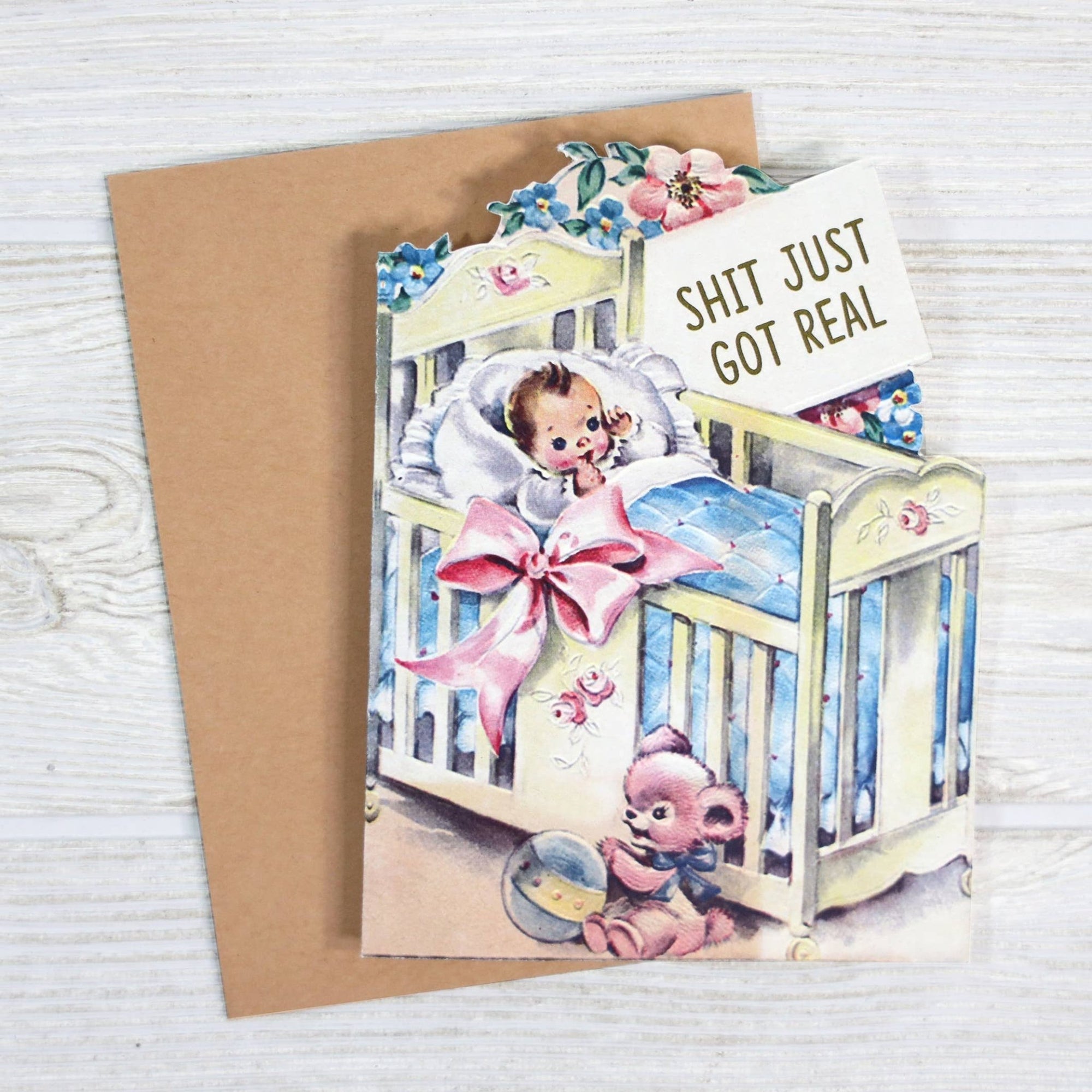 Shit Just Got Real Sarcastic Baby Shower Card - Box Turtle