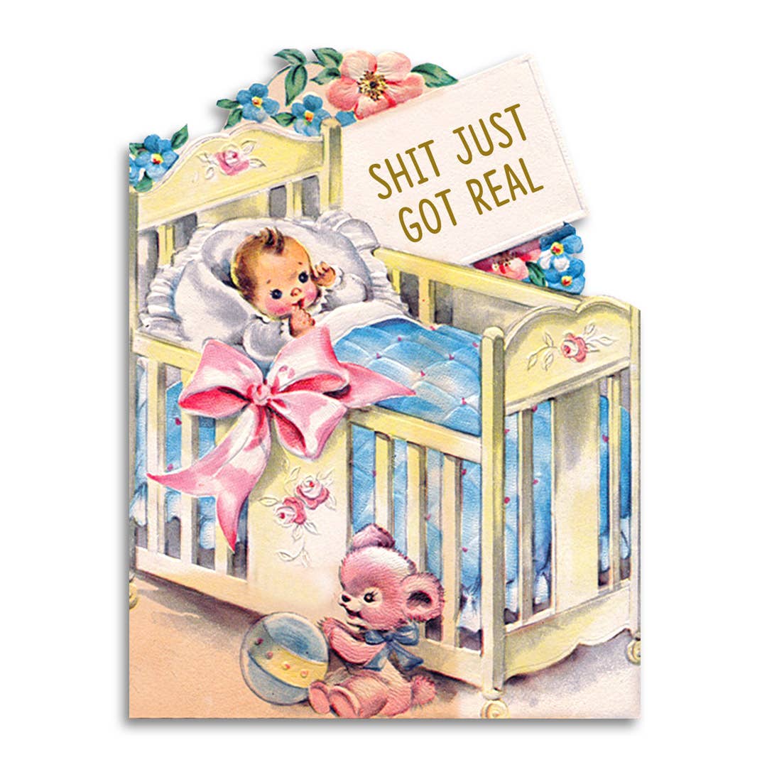 Shit Just Got Real Sarcastic Baby Shower Card - Box Turtle