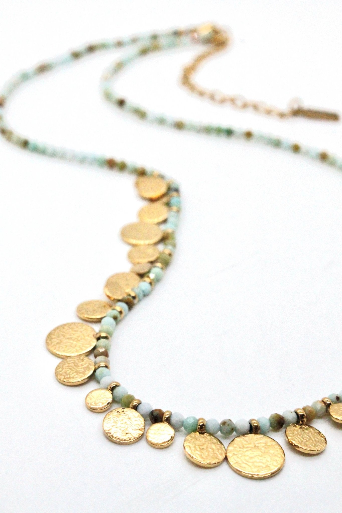Short Mini Gold Disc Charm Amazonite Necklace - Box Turtle