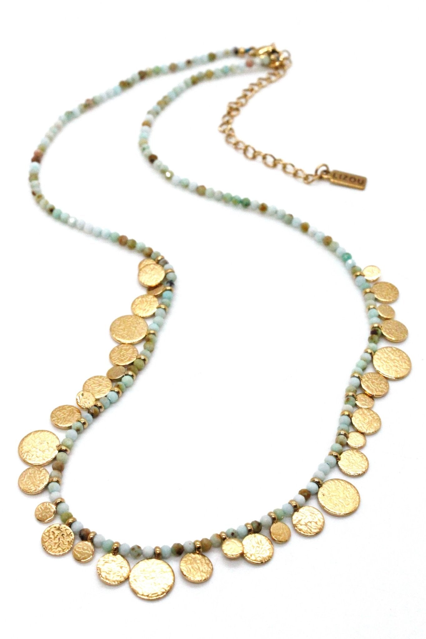 Short Mini Gold Disc Charm Amazonite Necklace - Box Turtle