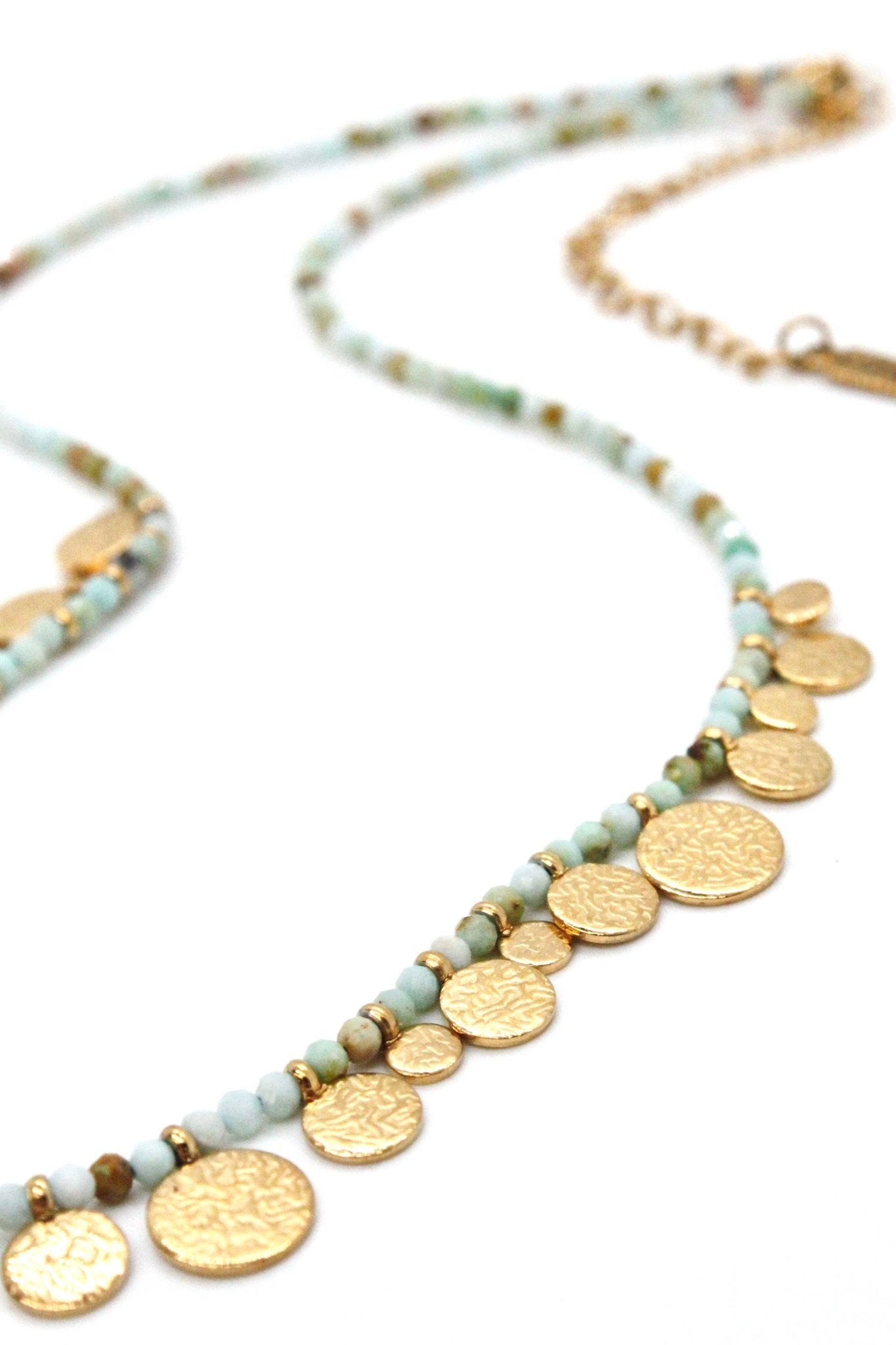 Short Mini Gold Disc Charm Amazonite Necklace - Box Turtle
