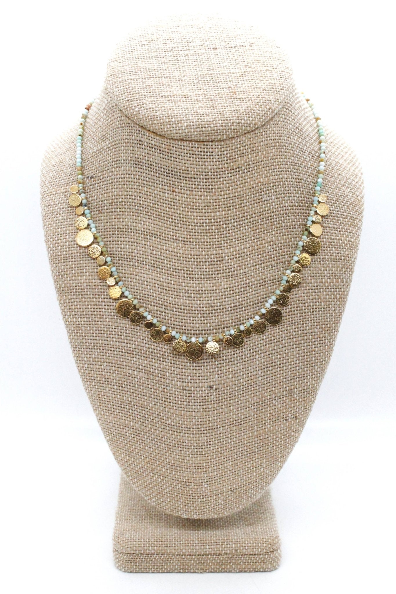 Short Mini Gold Disc Charm Amazonite Necklace - Box Turtle