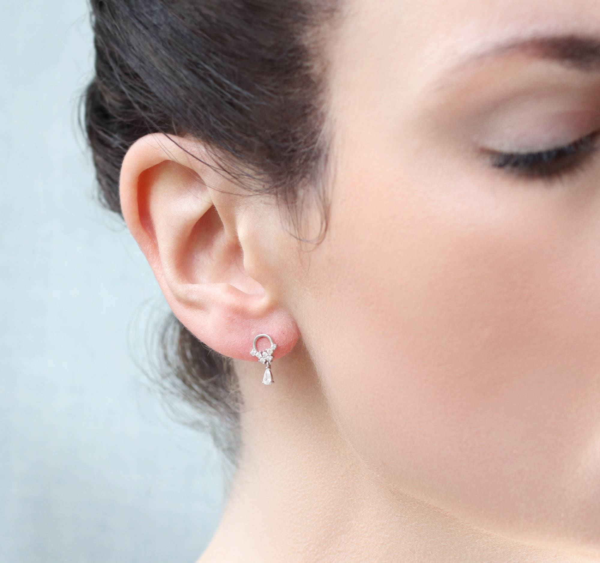 Silver Crystal Droplet Mini Hoop Studs - Box Turtle