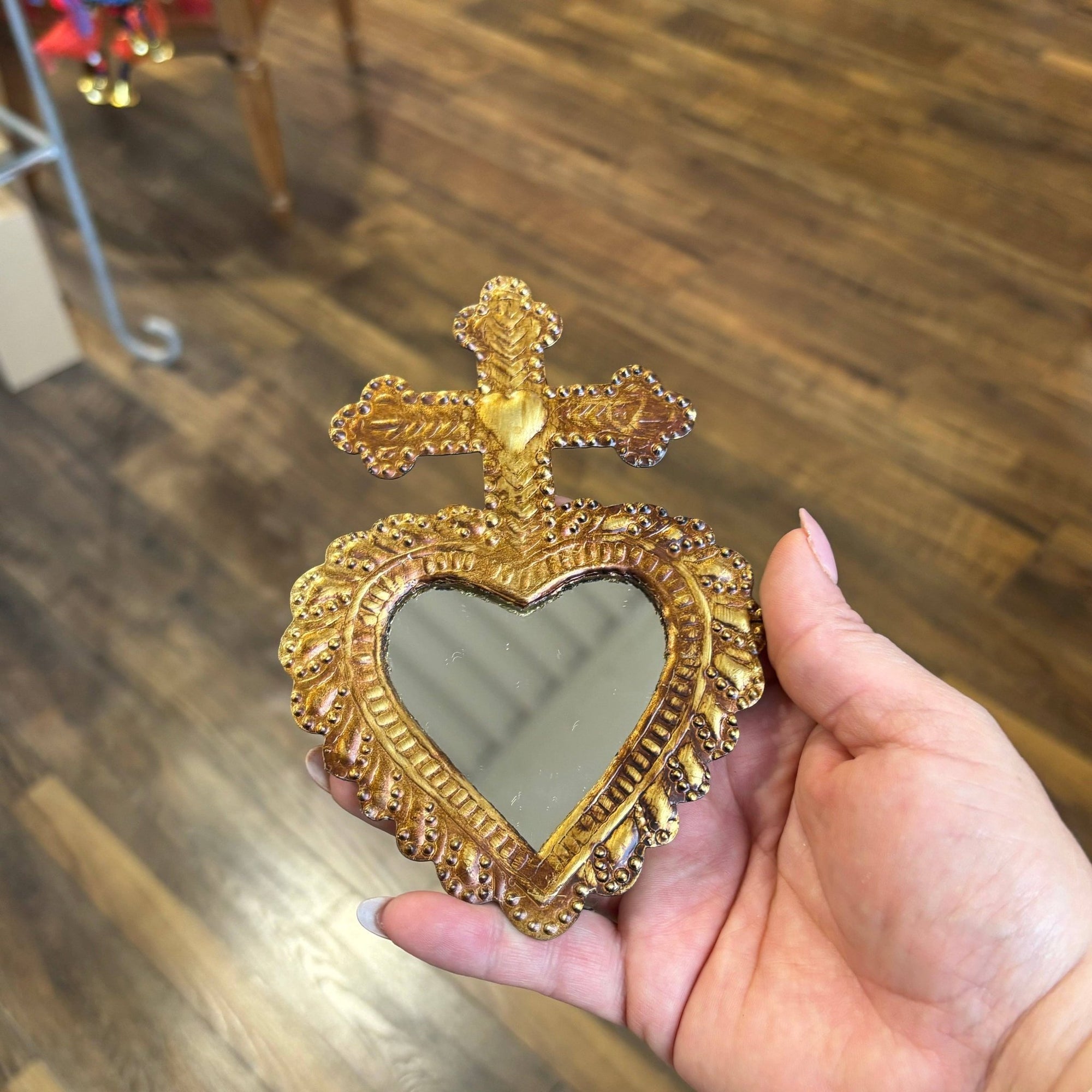 Small Sacred Heart Cross Tin Mirror - Box Turtle