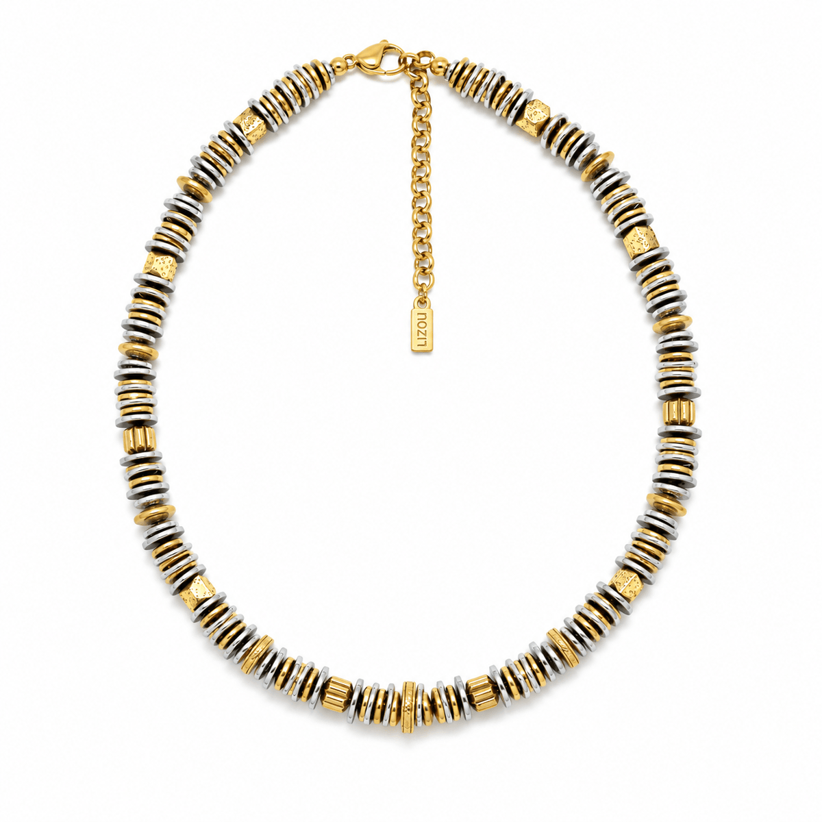 Stainless Steel Necklace with Gold and Silver Beads - Box Turtle