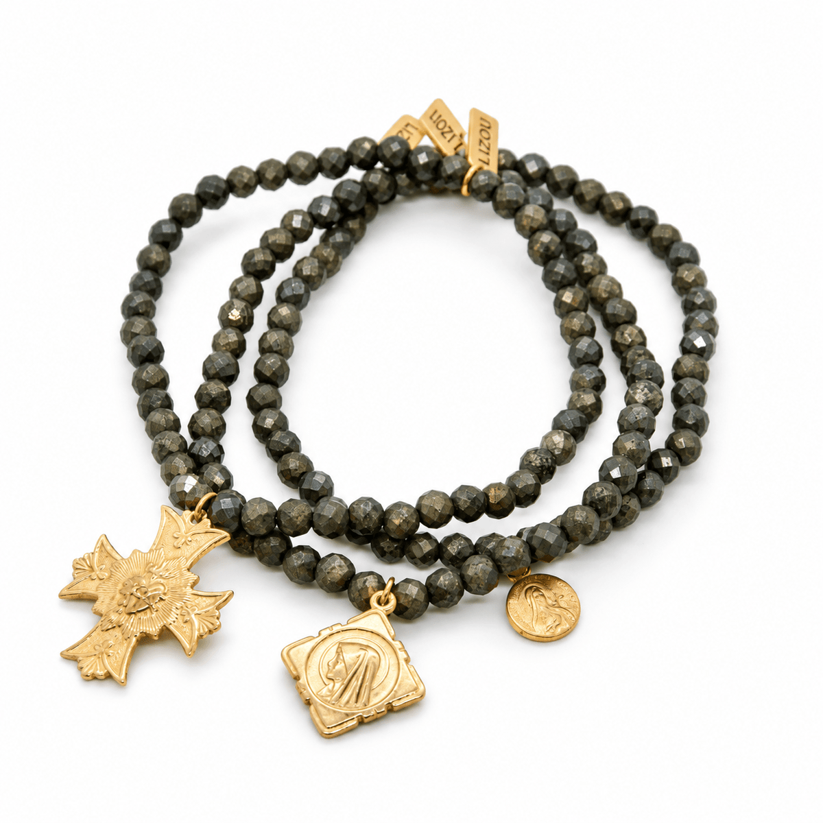 Stretch Faceted Pyrite Bracelet French Religious Medal - Box Turtle