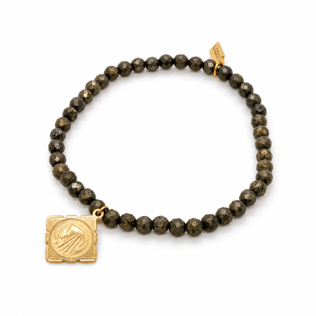 Stretch Faceted Pyrite Bracelet French Religious Medal - Box Turtle