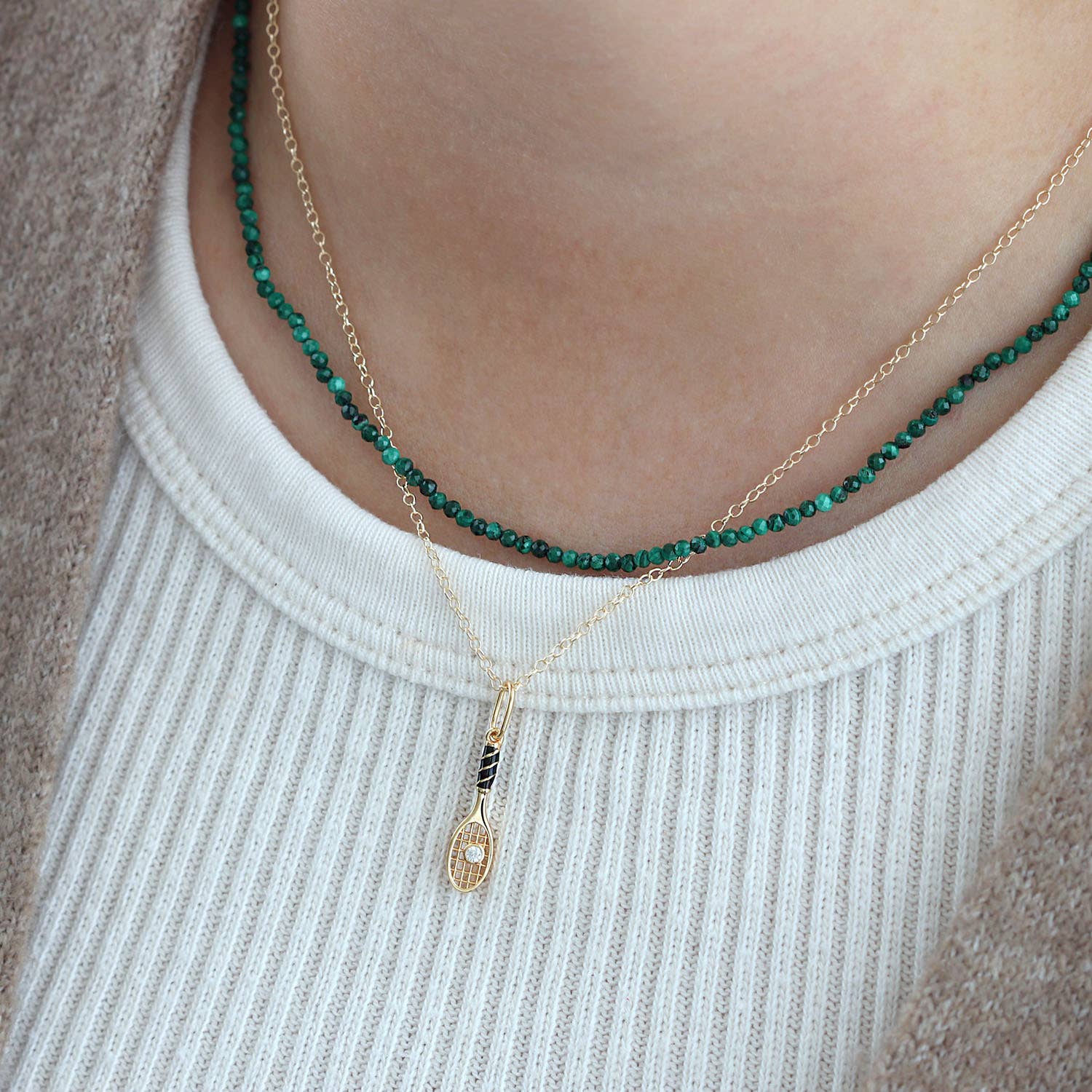 Tennis Racket Enamel Charm Necklace - Box Turtle