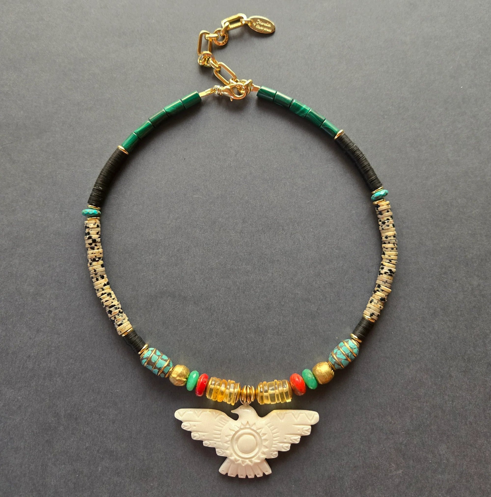 Thunderbird &amp; Malachite Beaded Necklace - Box Turtle