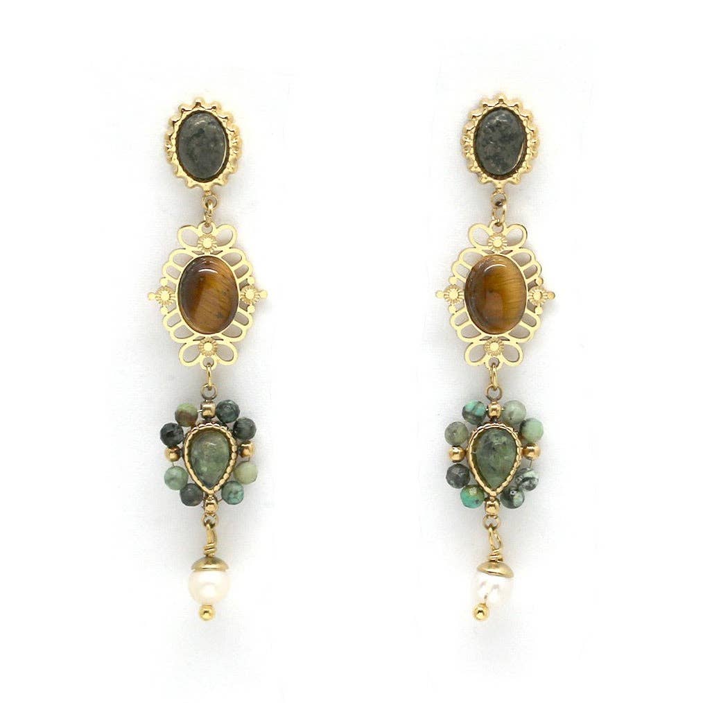 Tiger's Eye and African Turquoise Pearl Dangle Earrings - Box Turtle