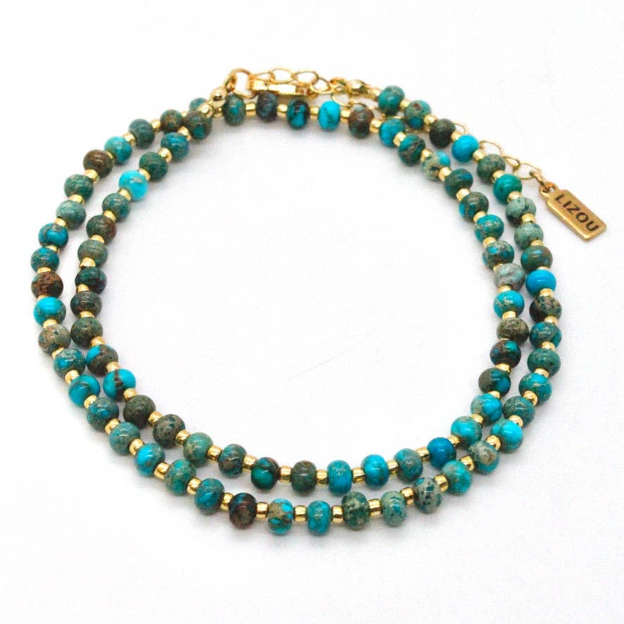 Turquoise And Gold Short Beaded Necklace - Box Turtle