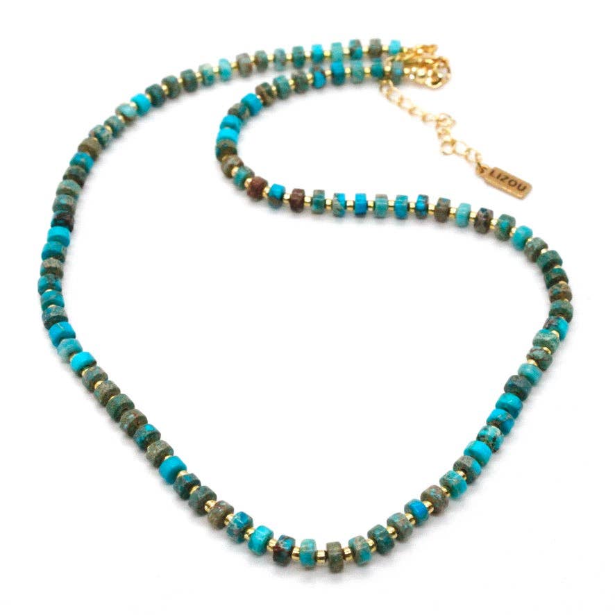 Turquoise and Gold Short Beaded Necklace - Box Turtle