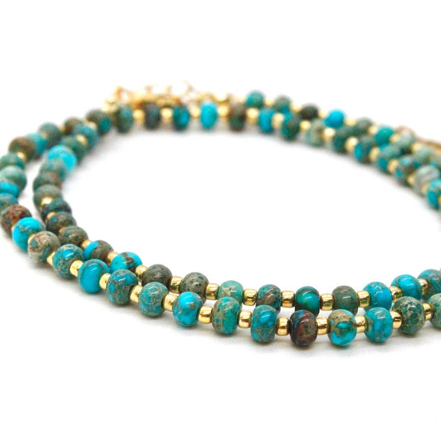 Turquoise And Gold Short Beaded Necklace - Box Turtle