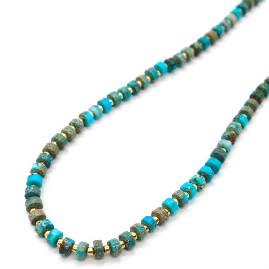 Turquoise and Gold Short Beaded Necklace - Box Turtle