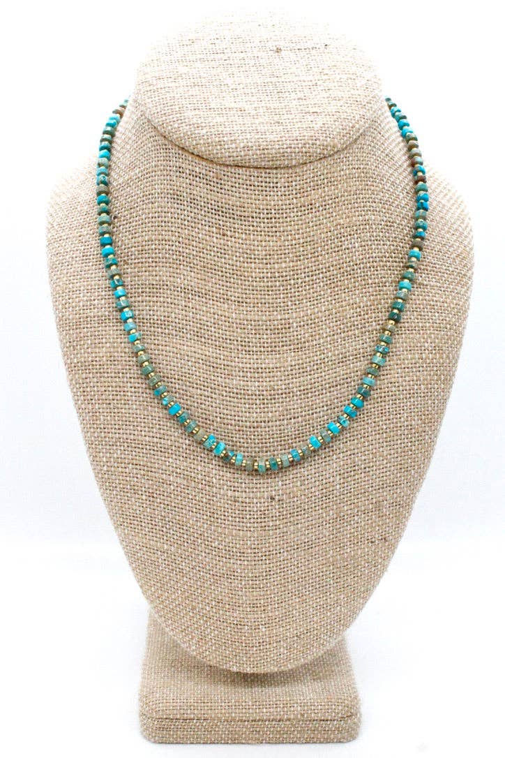 Turquoise and Gold Short Beaded Necklace - Box Turtle