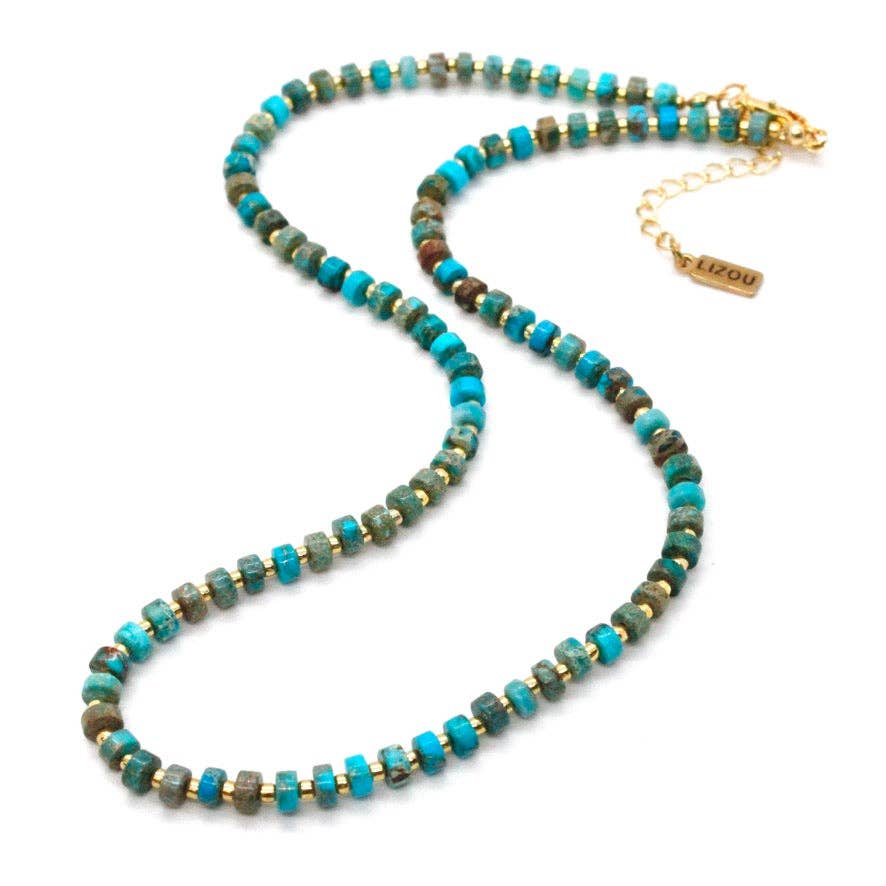 Turquoise and Gold Short Beaded Necklace - Box Turtle