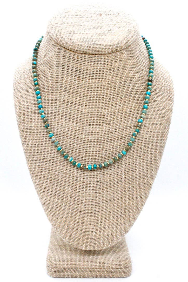 Turquoise And Gold Short Beaded Necklace - Box Turtle