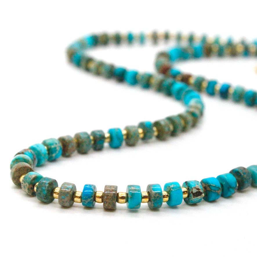 Turquoise and Gold Short Beaded Necklace - Box Turtle