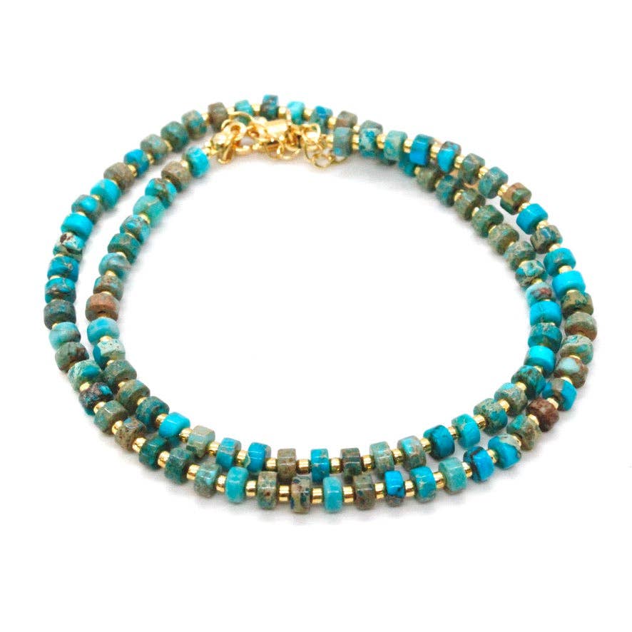 Turquoise and Gold Short Beaded Necklace - Box Turtle
