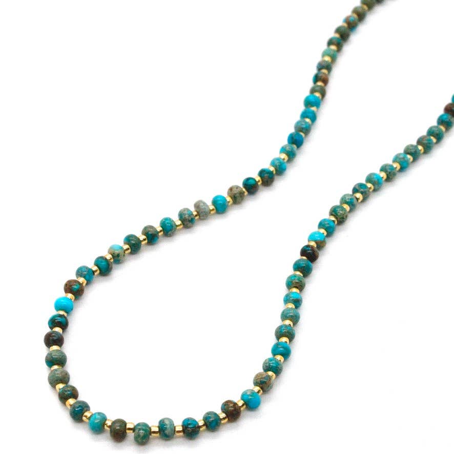Turquoise And Gold Short Beaded Necklace - Box Turtle