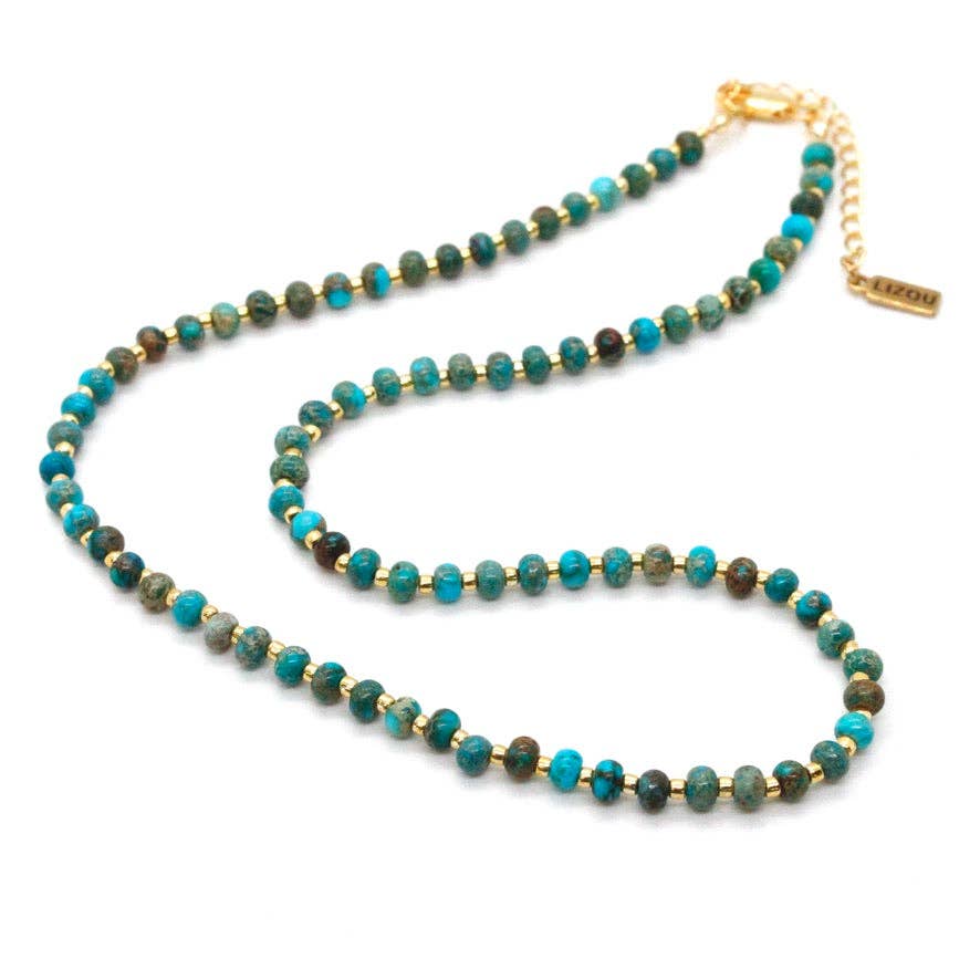 Turquoise And Gold Short Beaded Necklace - Box Turtle