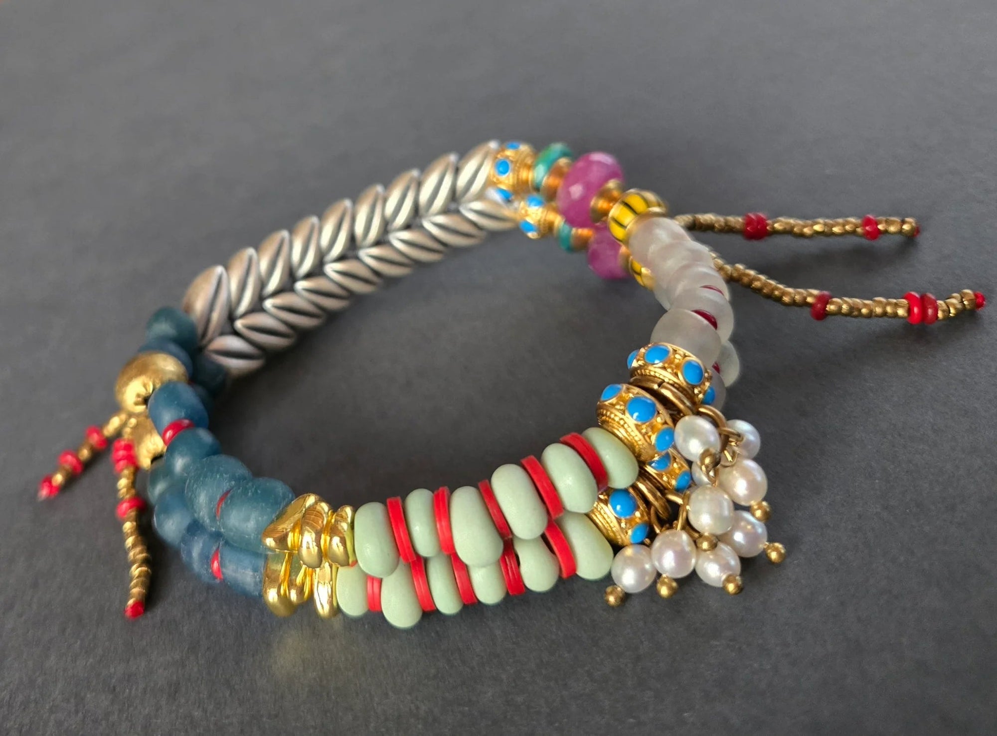 Turquoise, Natural Ruby, & Pearls Bracelet - Box Turtle