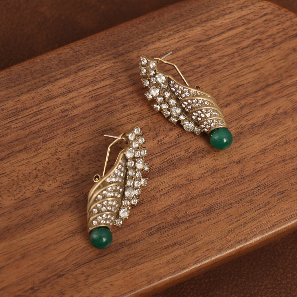 Vintage 18K Gold-Plated Crystal & Green Agate Drop Earrings - Box Turtle