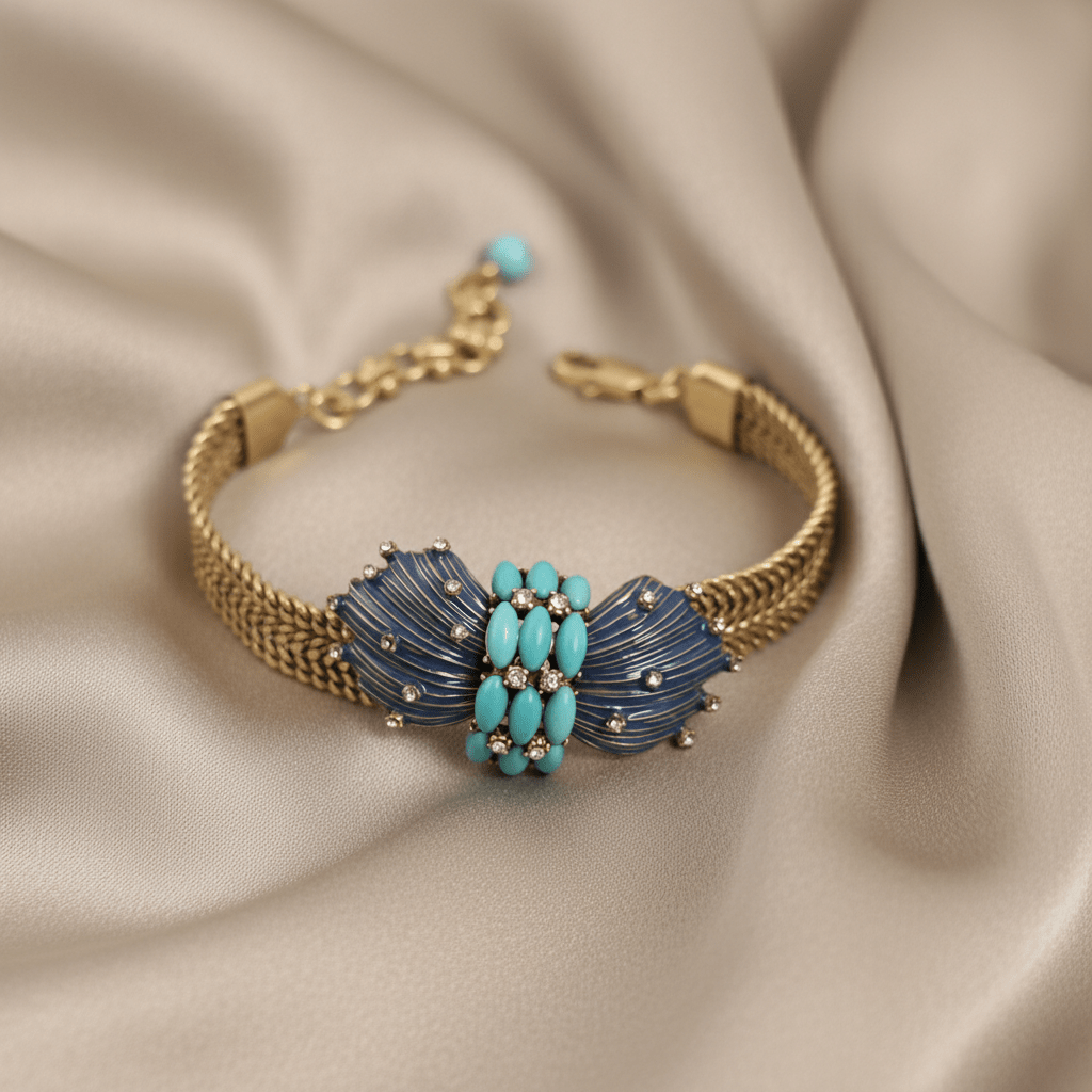 Vintage 18K Gold-Plated Enamel and Turquoise Bracelet - Box Turtle