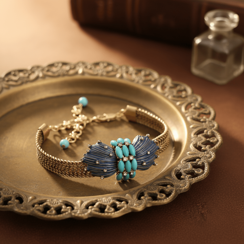 Vintage 18K Gold-Plated Enamel and Turquoise Bracelet - Box Turtle
