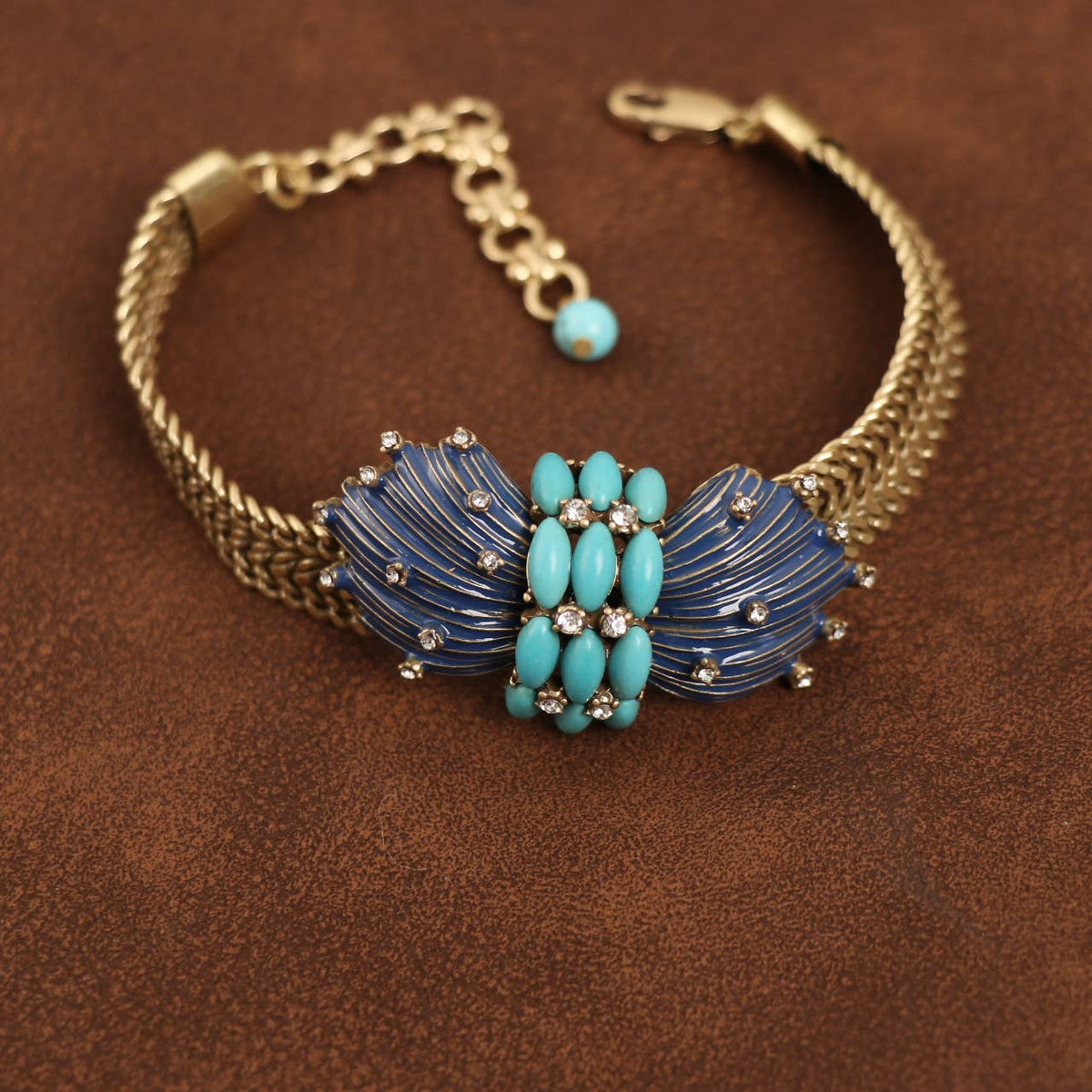 Vintage 18K Gold-Plated Enamel and Turquoise Bracelet - Box Turtle