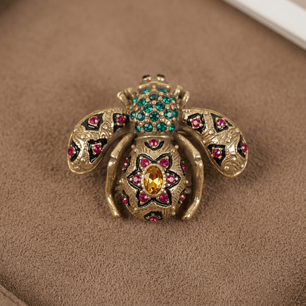 Vintage 18K Gold Plated Enamel Colorful Crystals Bee Brooch - Box Turtle