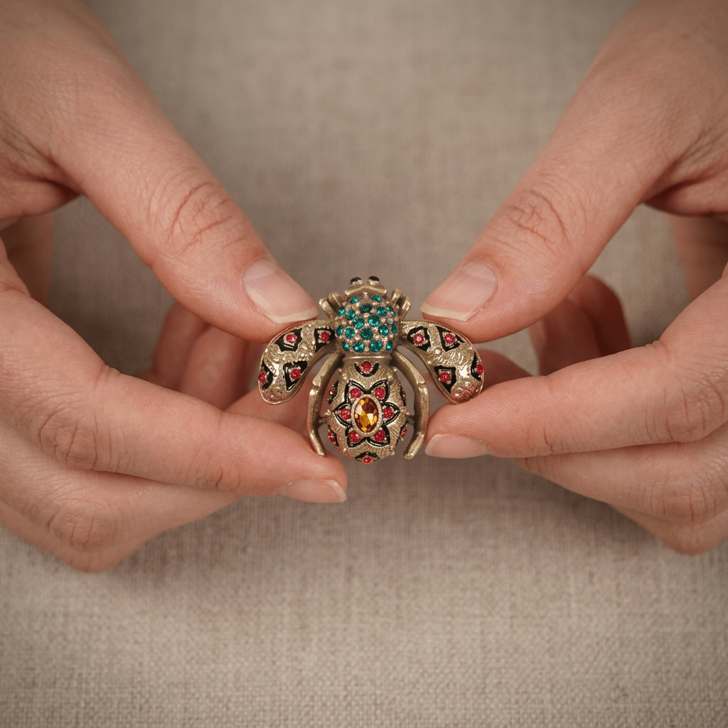 Vintage 18K Gold Plated Enamel Colorful Crystals Bee Brooch - Box Turtle