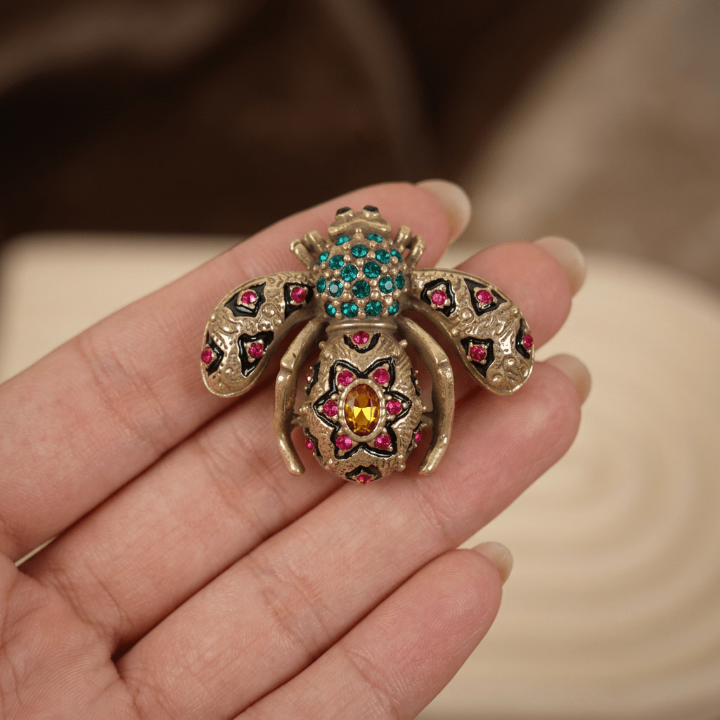 Vintage 18K Gold Plated Enamel Colorful Crystals Bee Brooch - Box Turtle