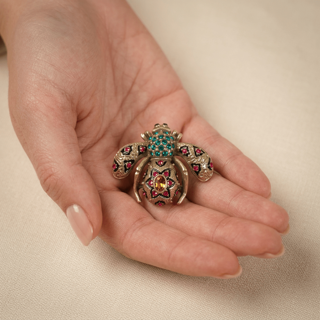 Vintage 18K Gold Plated Enamel Colorful Crystals Bee Brooch - Box Turtle